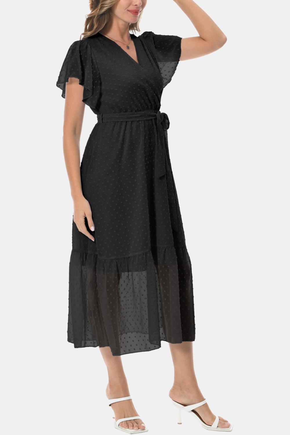 Surplice Neck Flutter Sleeve Tied Dress - Dress - Black - Bella Bourget