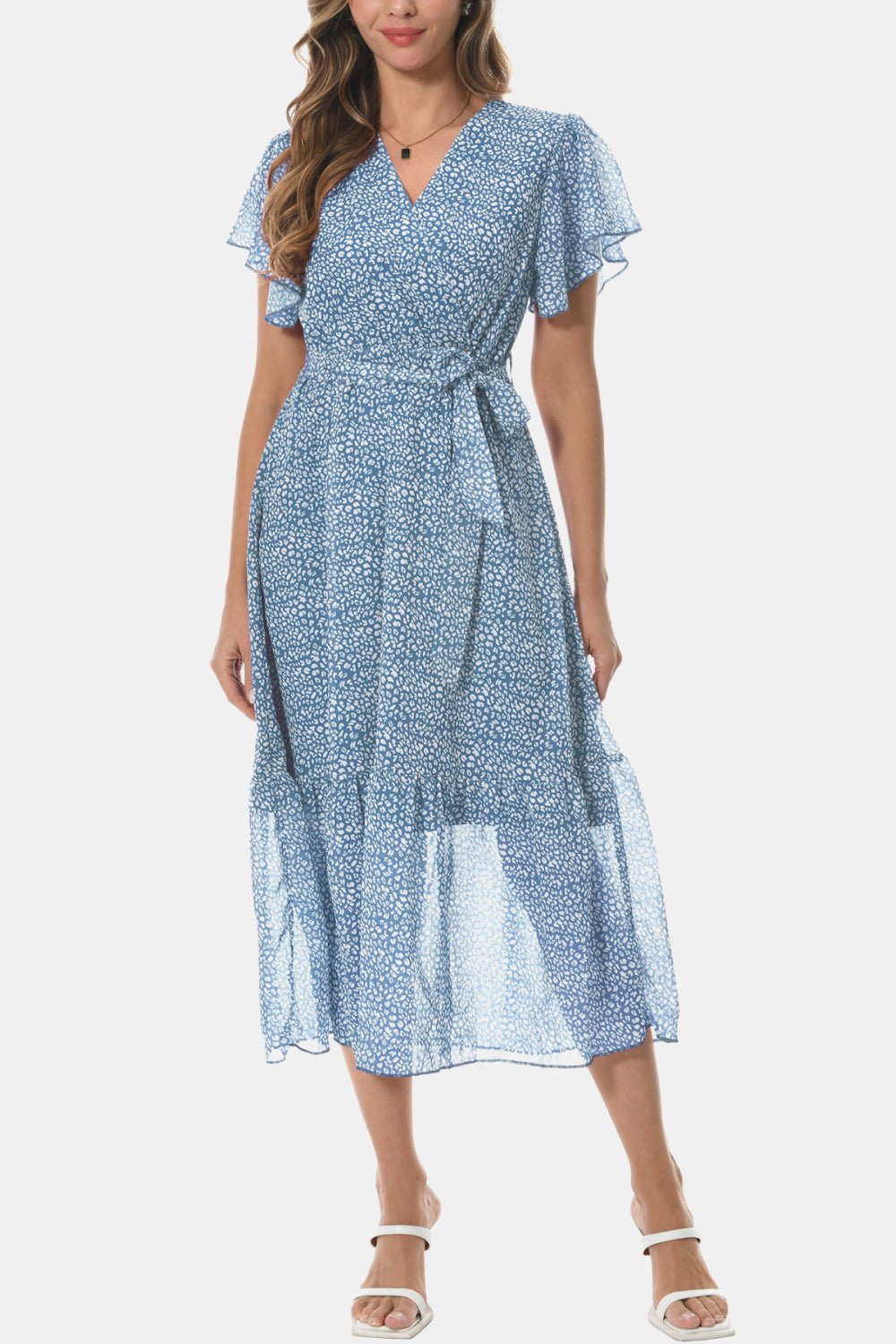 Surplice Neck Flutter Sleeve Tied Dress - Dress - Misty Blue - Bella Bourget