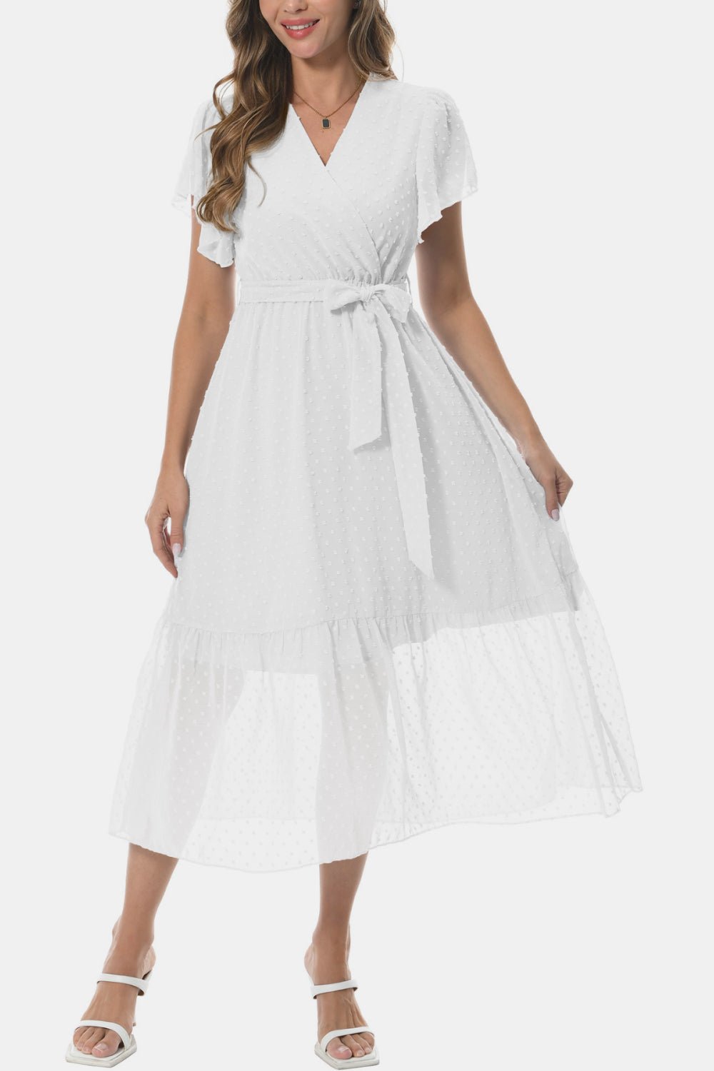 Surplice Neck Flutter Sleeve Tied Dress - Dress - White - Bella Bourget