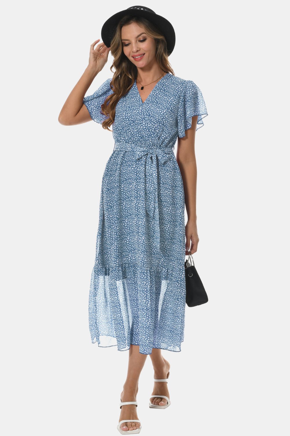 Surplice Neck Flutter Sleeve Tied Dress - Dress - Misty Blue - Bella Bourget