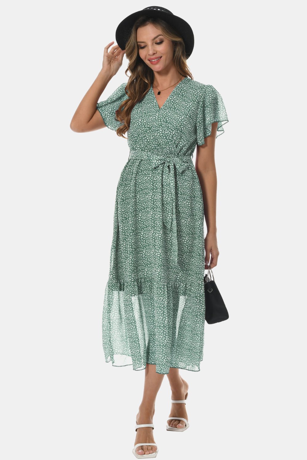 Surplice Neck Flutter Sleeve Tied Dress - Dress - Gum Leaf - Bella Bourget