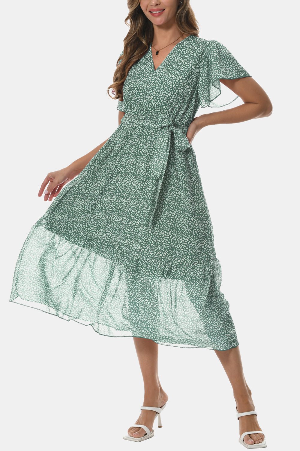 Surplice Neck Flutter Sleeve Tied Dress - Dress - Gum Leaf - Bella Bourget