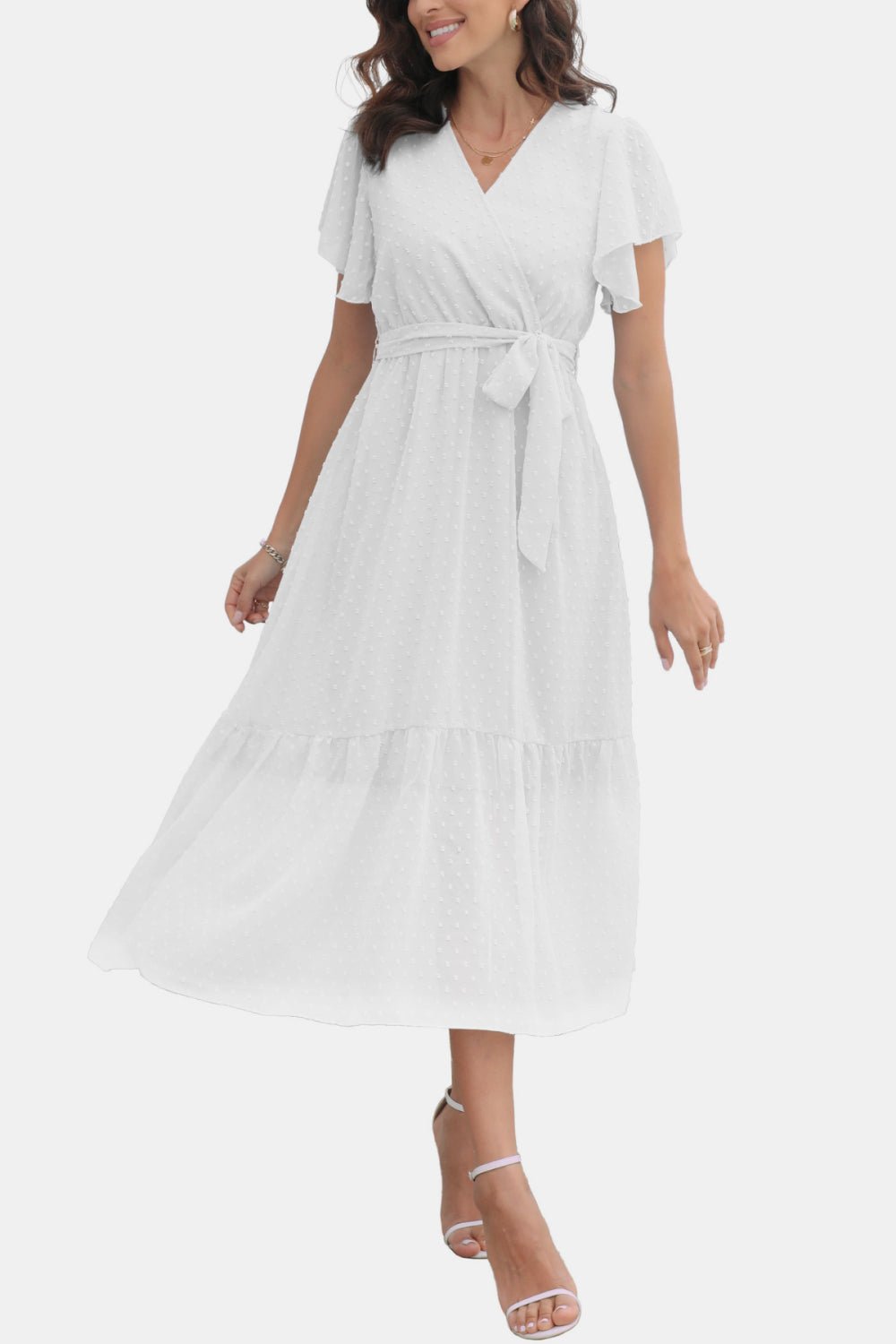 Surplice Neck Flutter Sleeve Tied Dress - Dress - White - Bella Bourget