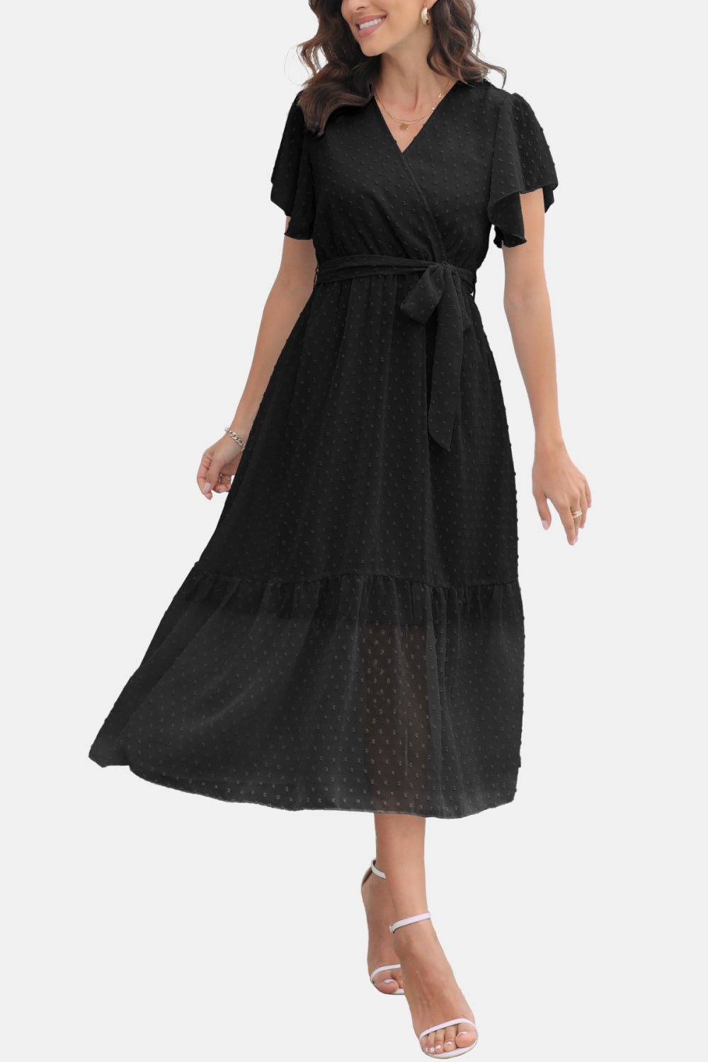 Surplice Neck Flutter Sleeve Tied Dress - Dress - Black - Bella Bourget