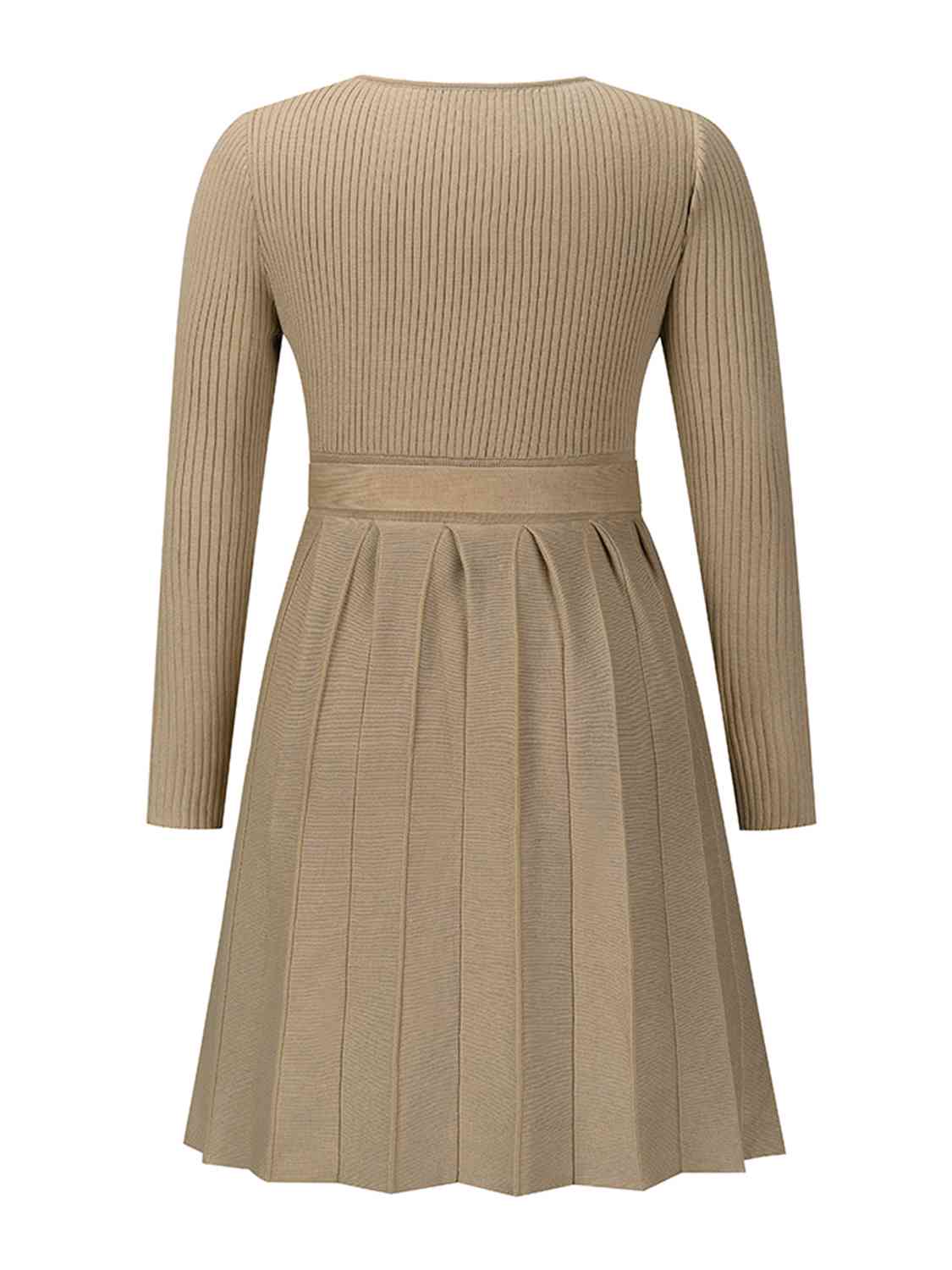 Surplice Neck Tie Front Pleated Sweater Dress - Sweater Dress - Khaki - Bella Bourget