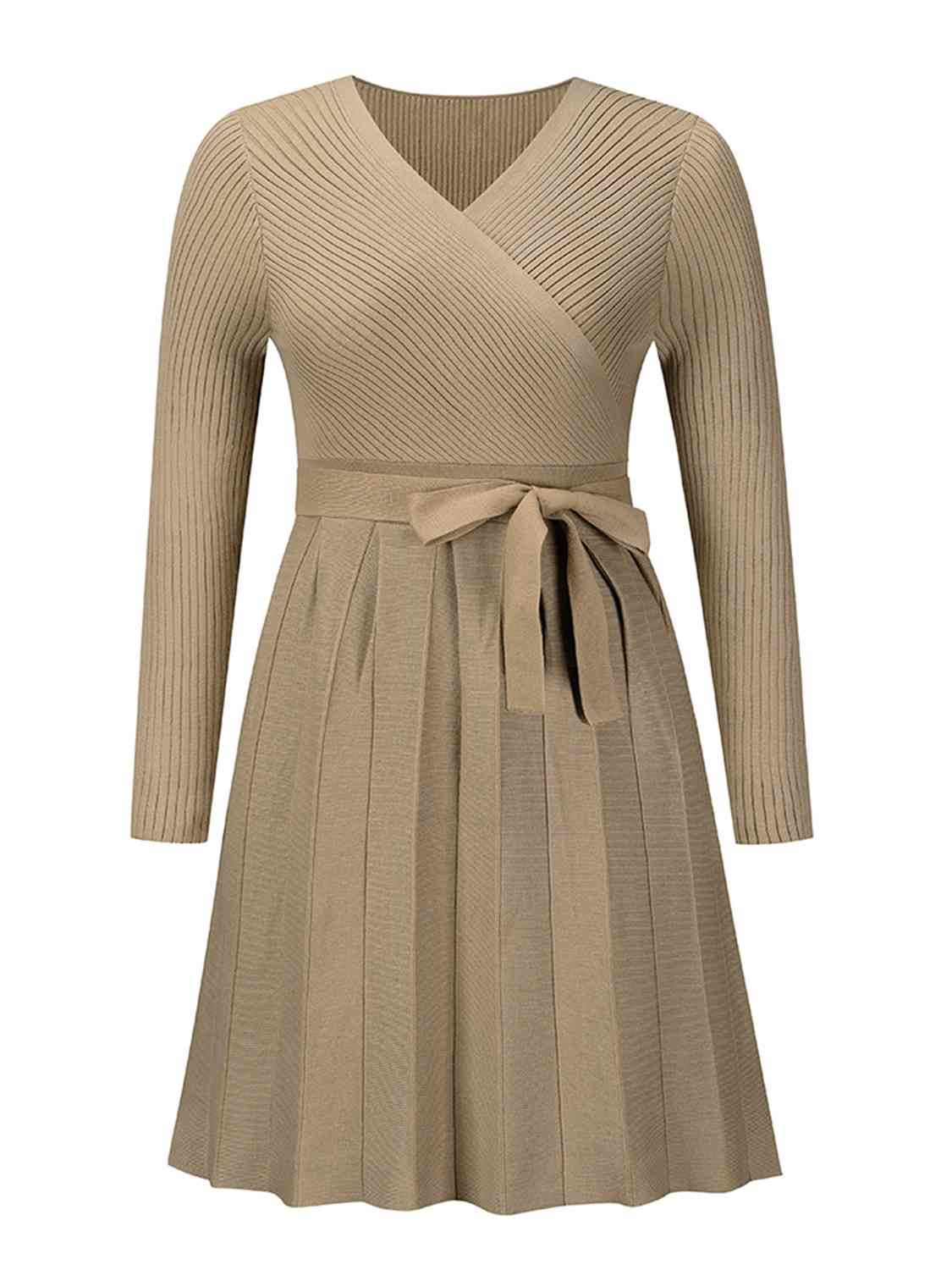 Surplice Neck Tie Front Pleated Sweater Dress - Sweater Dress - Khaki - Bella Bourget