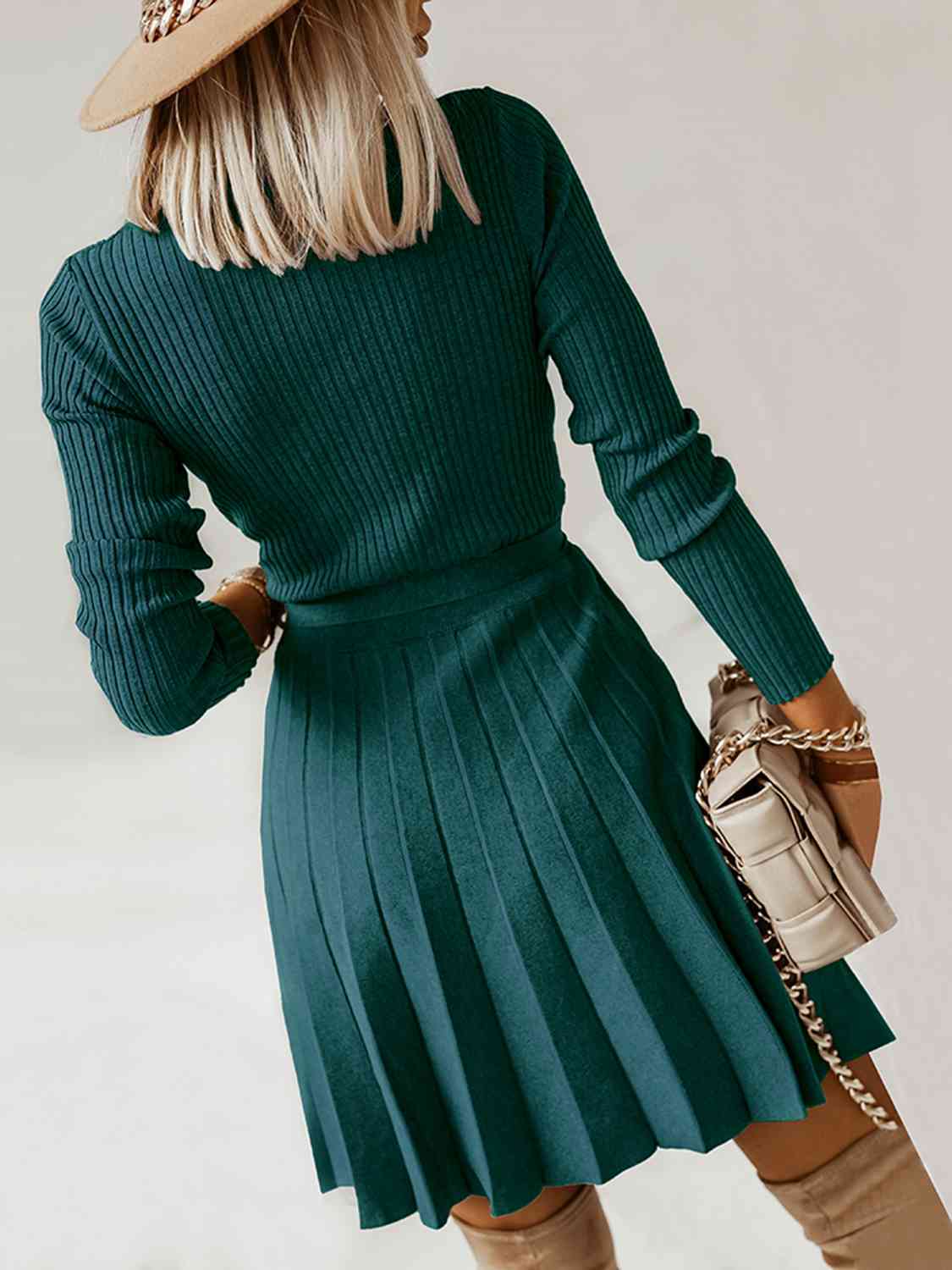 Surplice Neck Tie Front Pleated Sweater Dress - Sweater Dress - Army Green - Bella Bourget