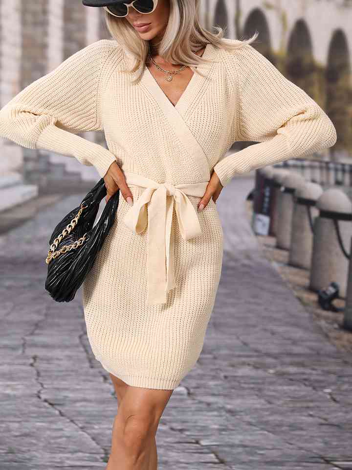 Surplice Neck Tie Waist Sweater Dress - Sweater Dress - Ivory - Bella Bourget