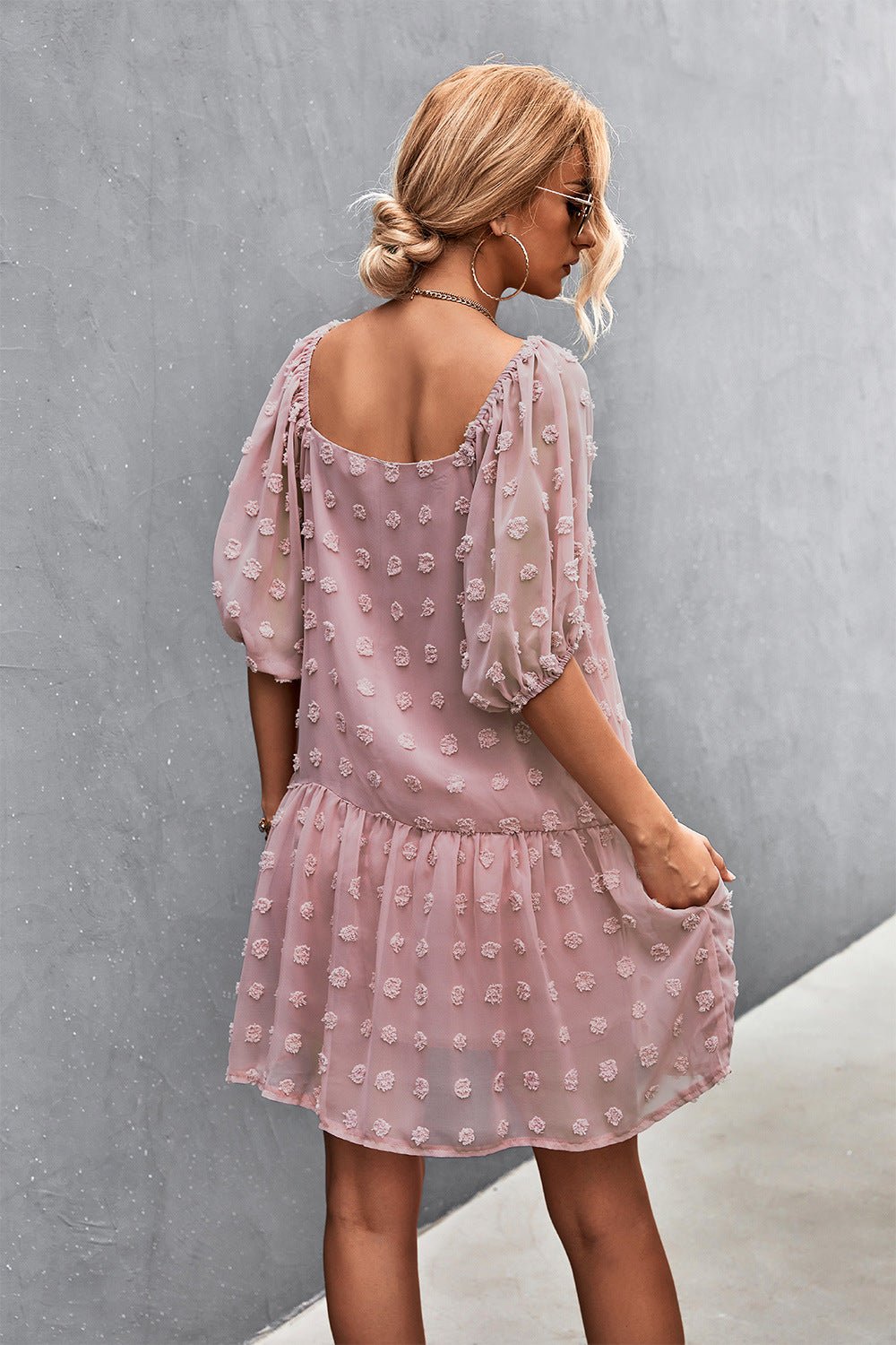 Swiss Dot Square Neck Half Balloon Sleeve Dress - Dress - Pink - Bella Bourget