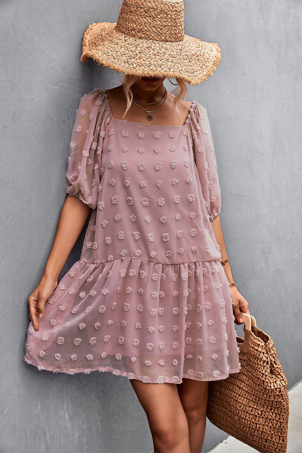 Swiss Dot Square Neck Half Balloon Sleeve Dress - Dress - Pink - Bella Bourget