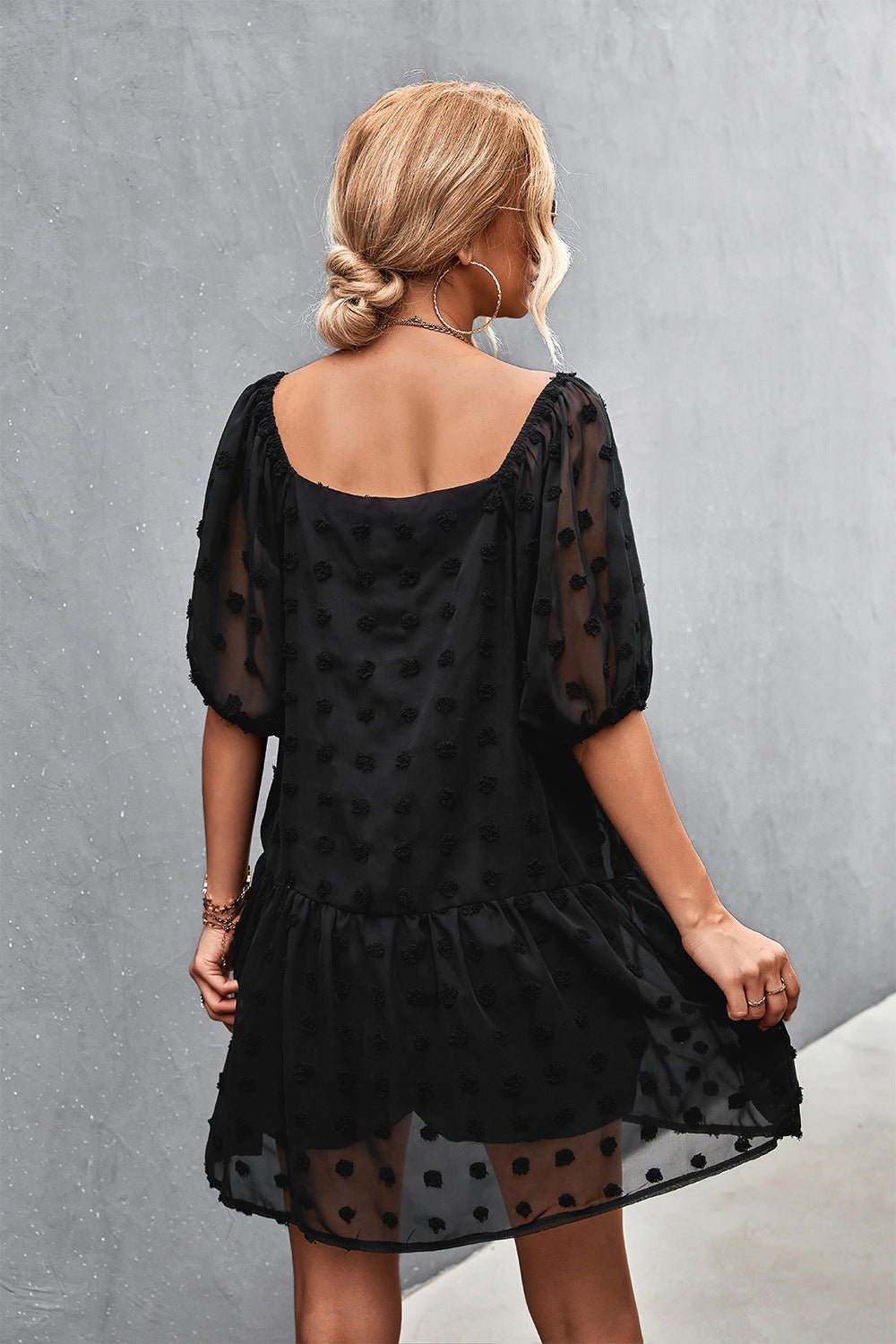 Swiss Dot Square Neck Half Balloon Sleeve Dress - Dress - Black - Bella Bourget