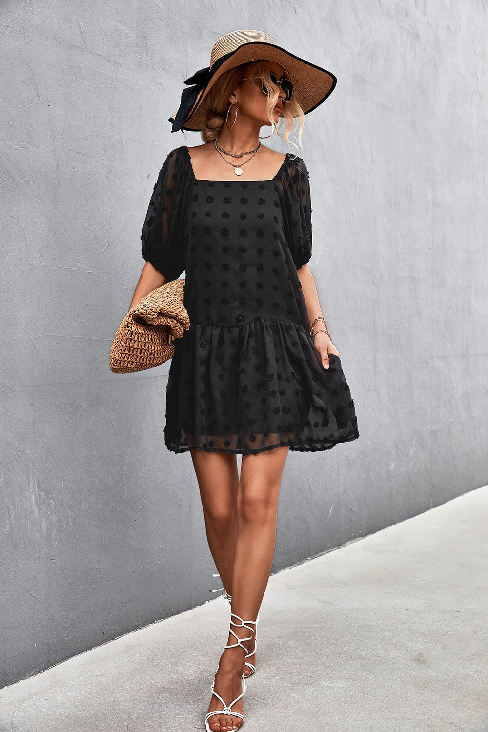 Swiss Dot Square Neck Half Balloon Sleeve Dress - Dress - Black - Bella Bourget