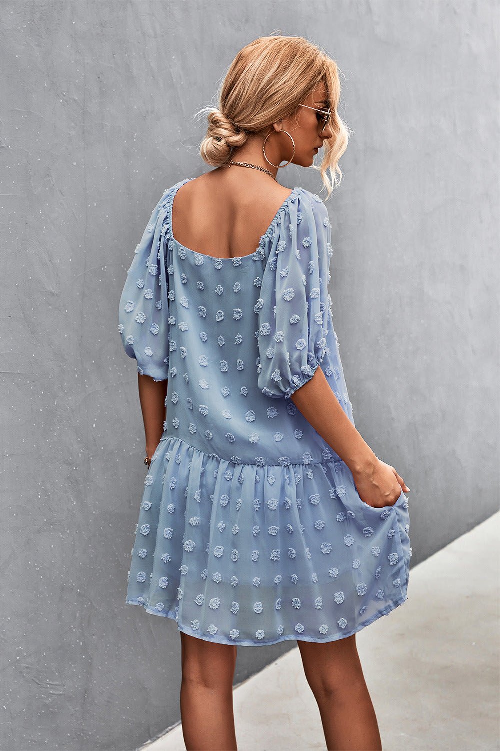 Swiss Dot Square Neck Half Balloon Sleeve Dress - Dress - Blue - Bella Bourget