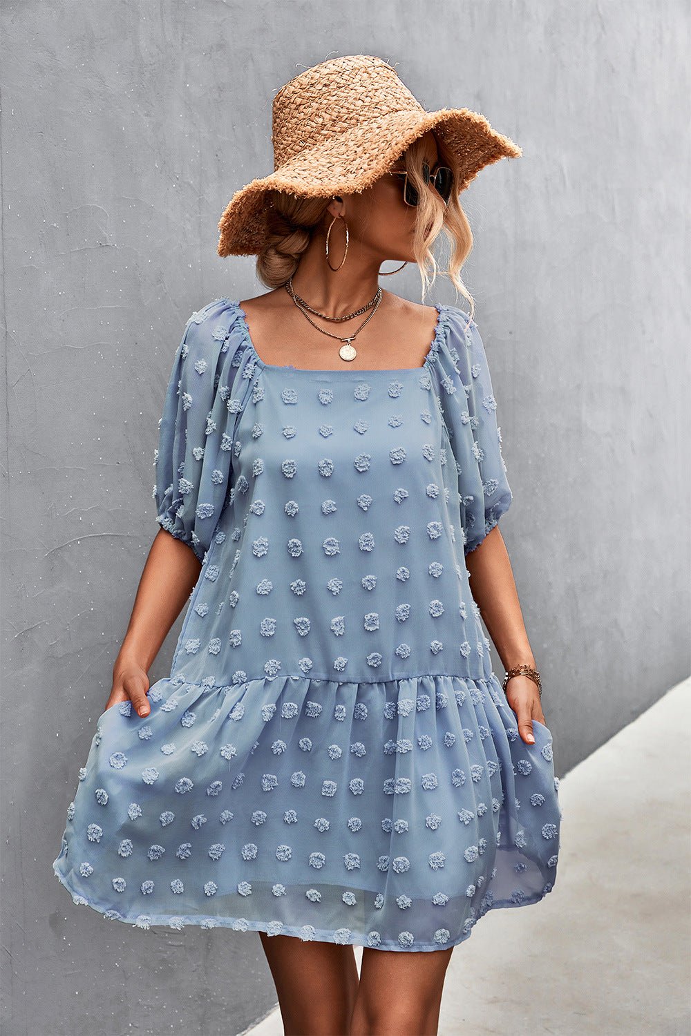 Swiss Dot Square Neck Half Balloon Sleeve Dress - Dress - Blue - Bella Bourget