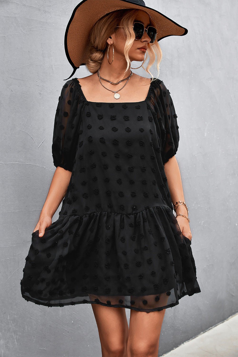 Swiss Dot Square Neck Half Balloon Sleeve Dress - Dress - Black - Bella Bourget