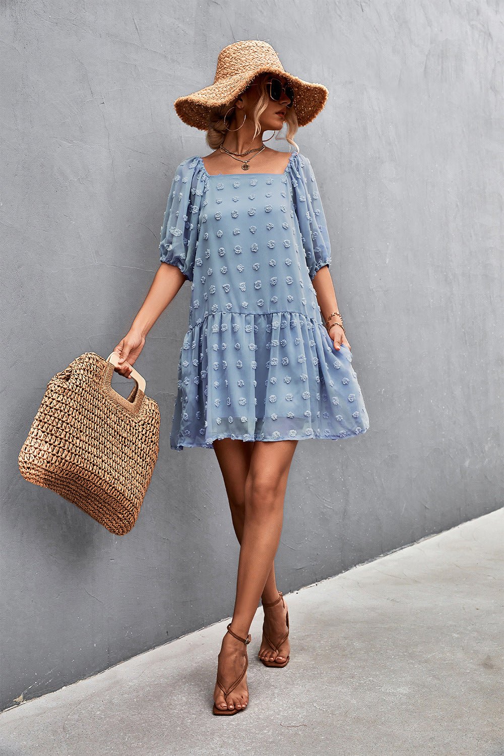 Swiss Dot Square Neck Half Balloon Sleeve Dress - Dress - Blue - Bella Bourget