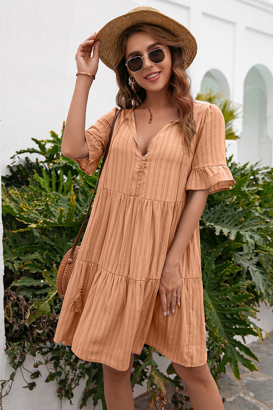 Tassel Tie - Neck Ruffle Hem Dress - Dress - Orange - Bella Bourget