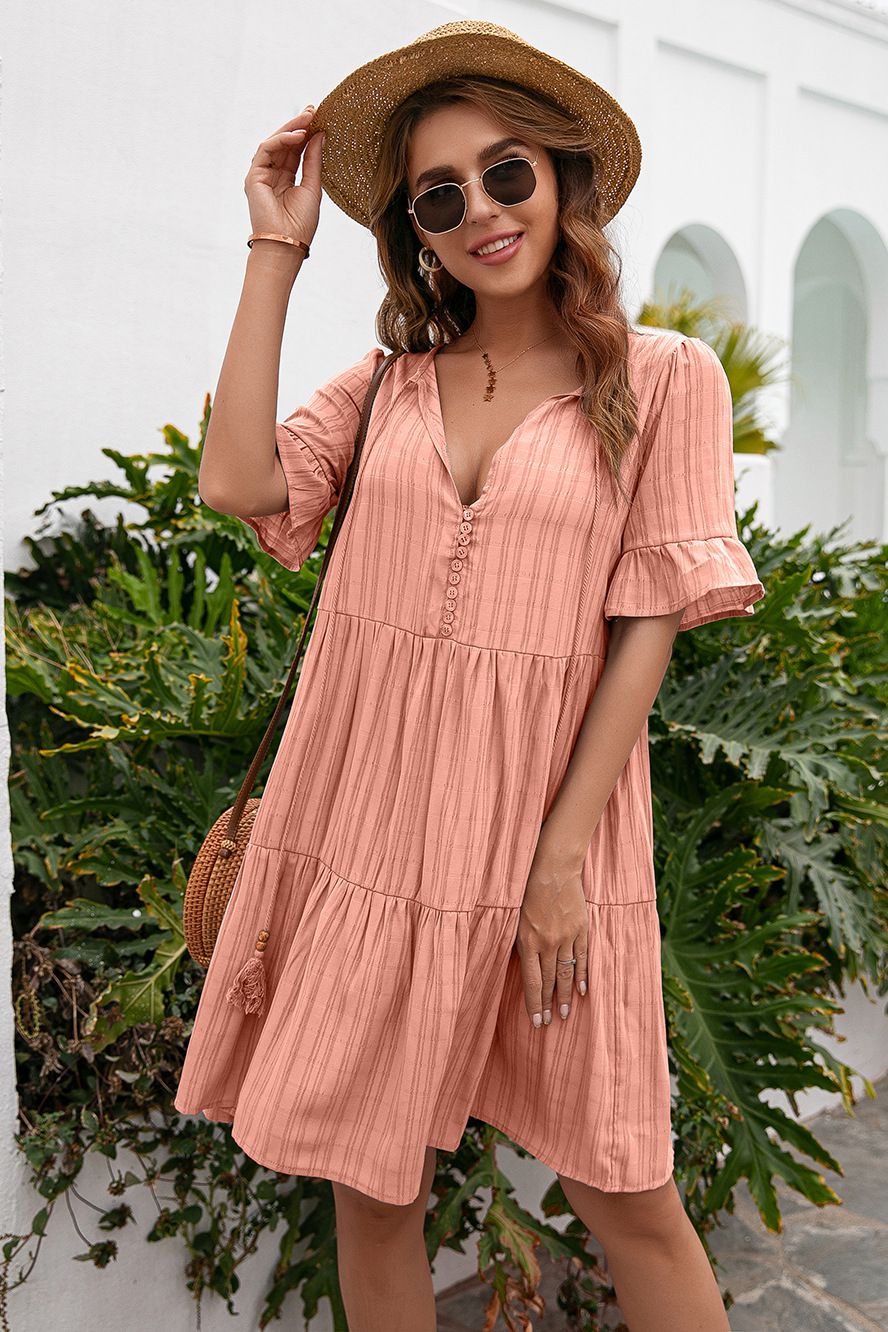 Tassel Tie - Neck Ruffle Hem Dress - Dress - Pink - Bella Bourget