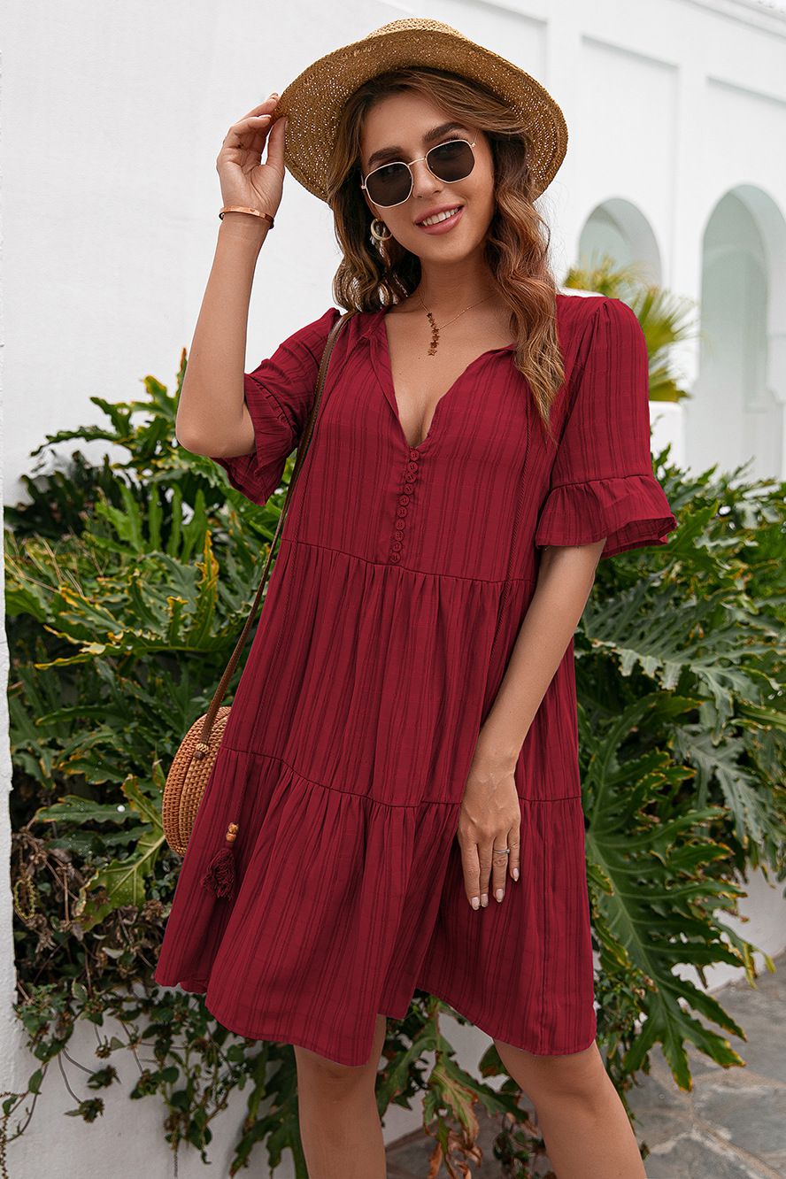 Tassel Tie - Neck Ruffle Hem Dress - Dress - Red - Bella Bourget