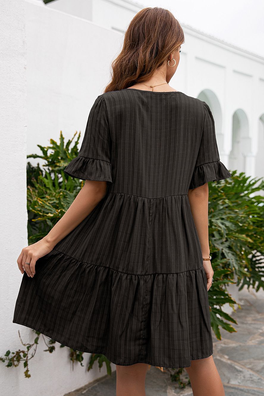 Tassel Tie - Neck Ruffle Hem Dress - Dress - Black - Bella Bourget