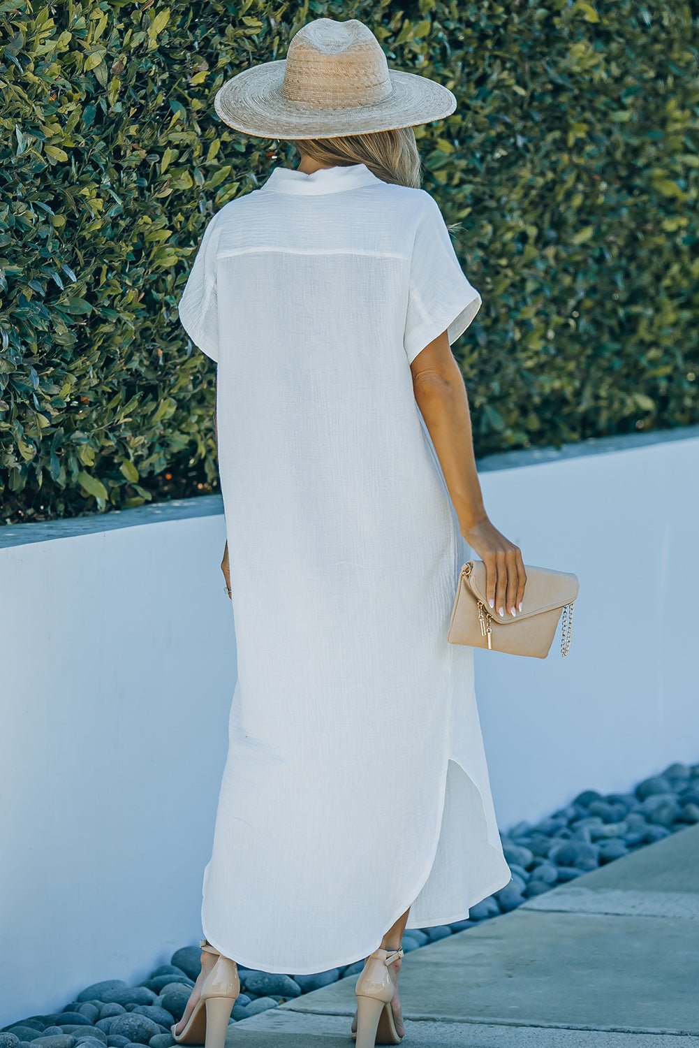 Textured Button Down Slit Shirt Dress - Dress - White - Bella Bourget