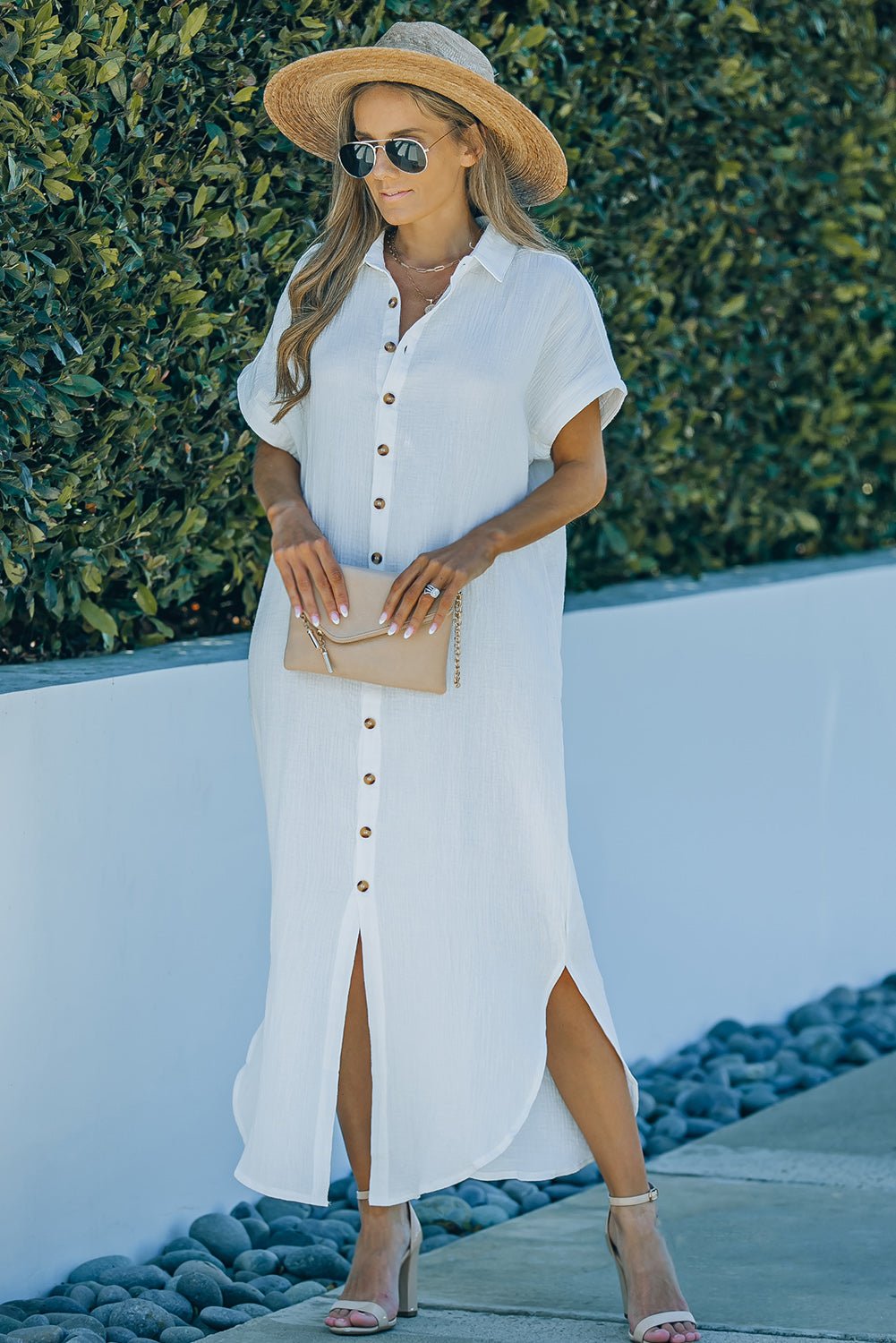 Textured Button Down Slit Shirt Dress - Dress - White - Bella Bourget