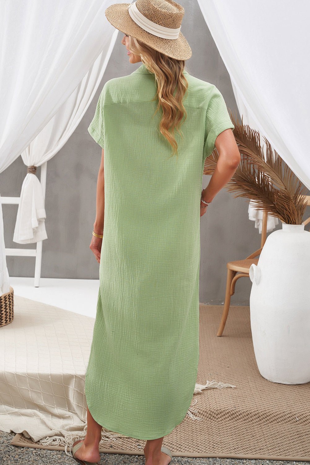 Textured Button Down Slit Shirt Dress - Dress - Green - Bella Bourget