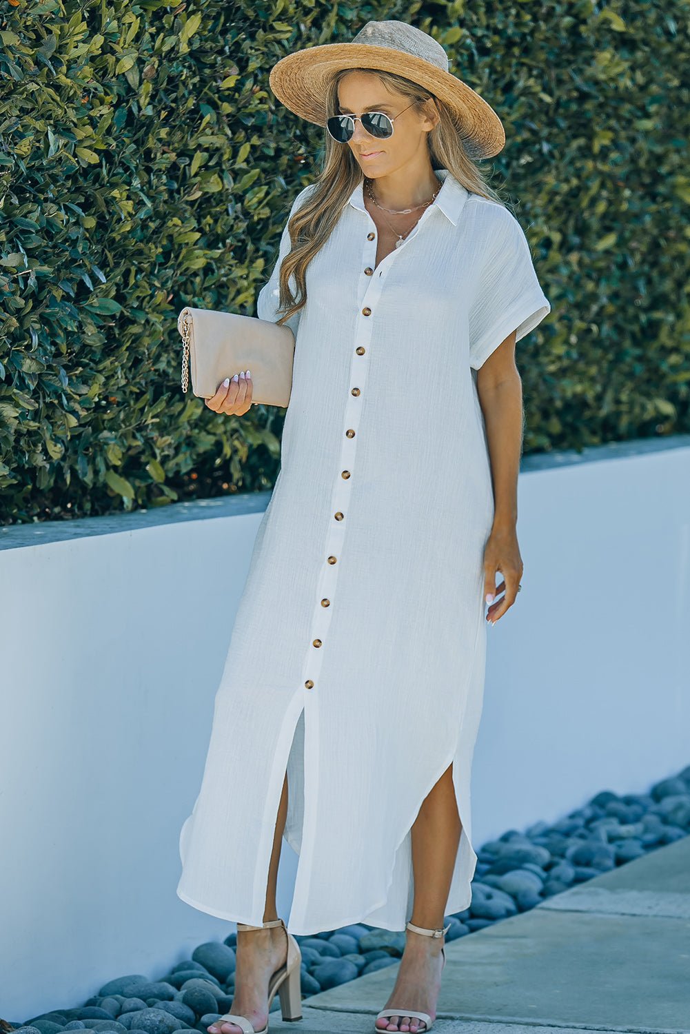 Textured Button Down Slit Shirt Dress - Dress - White - Bella Bourget