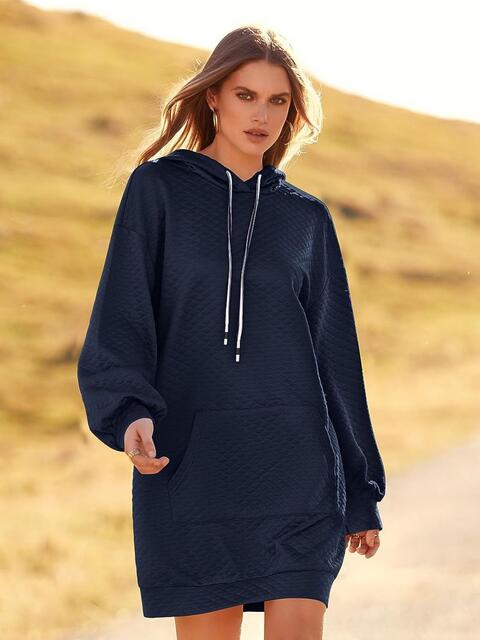 Textured Drawstring Tunic Hoodie - Hoodie - Navy - Bella Bourget