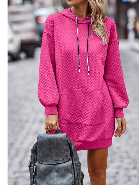 Textured Drawstring Tunic Hoodie - Hoodie - Hot Pink - Bella Bourget