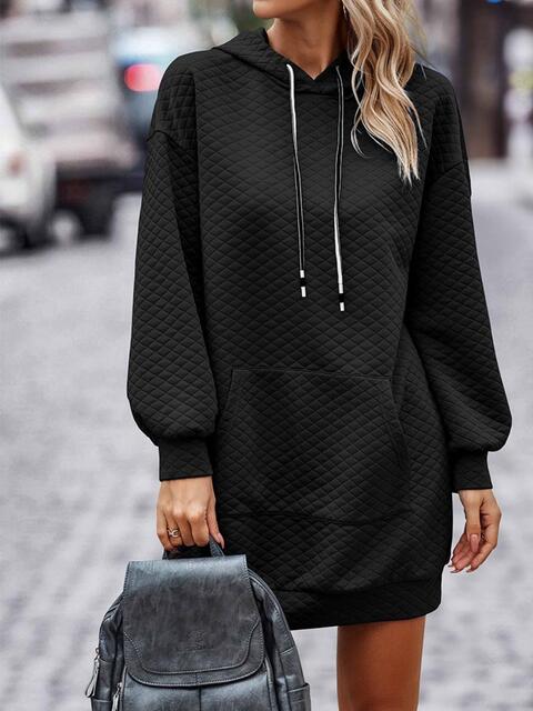 Textured Drawstring Tunic Hoodie - Hoodie - Black - Bella Bourget