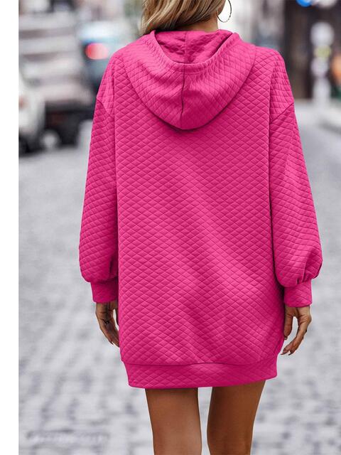 Textured Drawstring Tunic Hoodie - Hoodie - Hot Pink - Bella Bourget