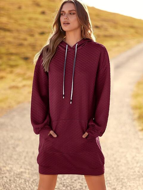 Textured Drawstring Tunic Hoodie - Hoodie - Wine - Bella Bourget