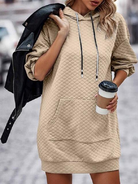 Textured Drawstring Tunic Hoodie - Hoodie - Tan - Bella Bourget