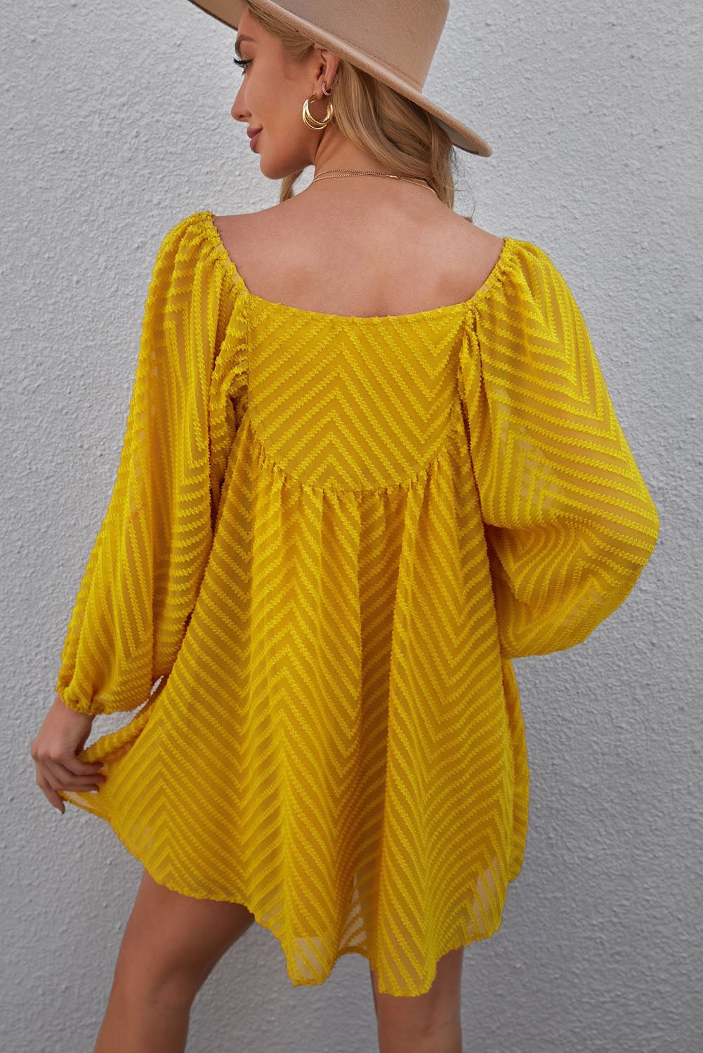 Textured Square Neck Mini Dress - Dress - Yellow - Bella Bourget