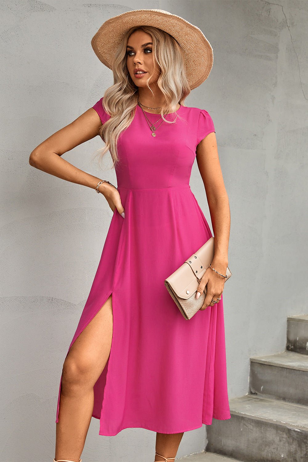 Tie Back Cutout Round Neck Split Dress - Dress - Hot Pink - Bella Bourget