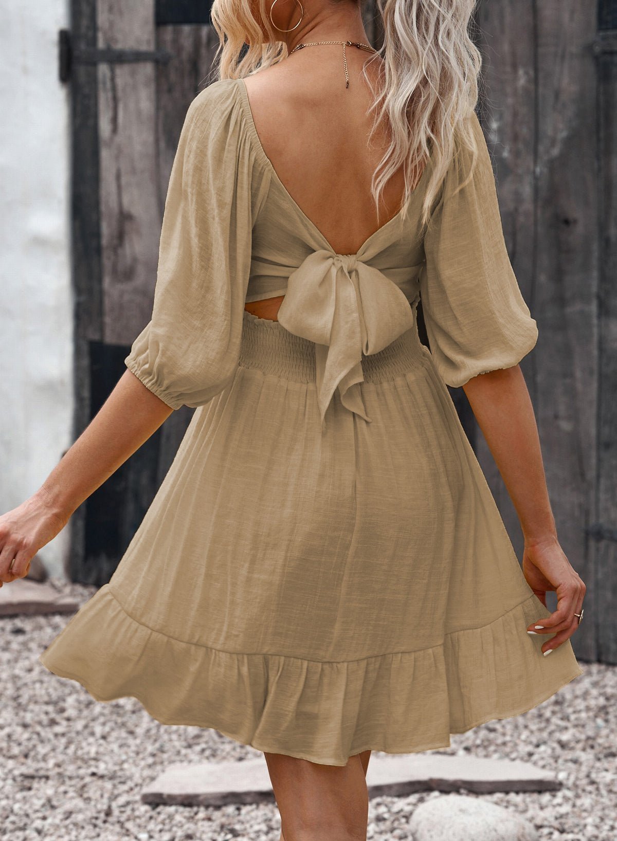 Tie - Back Ruffled Hem Square Neck Mini Dress - Dress - Tan - Bella Bourget