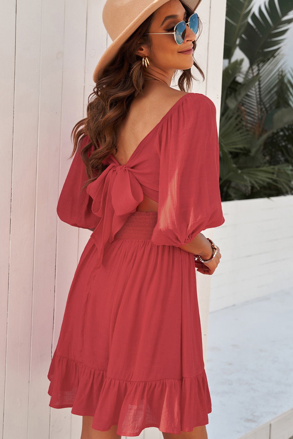 Tie - Back Ruffled Hem Square Neck Mini Dress - Dress - Tan - Bella Bourget