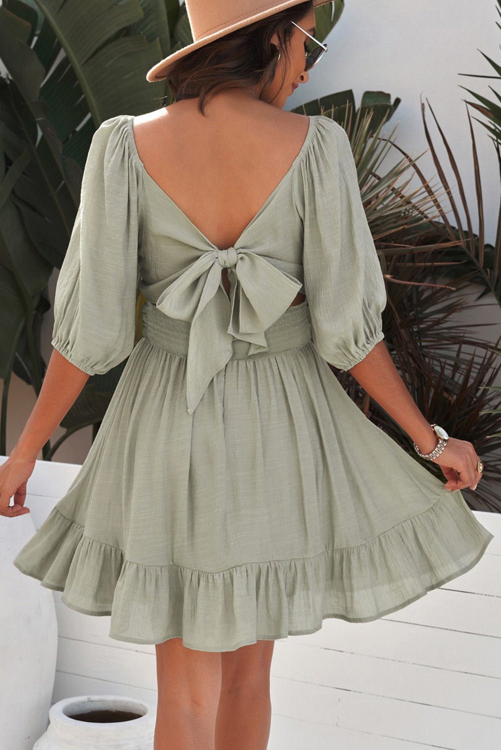 Tie - Back Ruffled Hem Square Neck Mini Dress - Dress - Tan - Bella Bourget