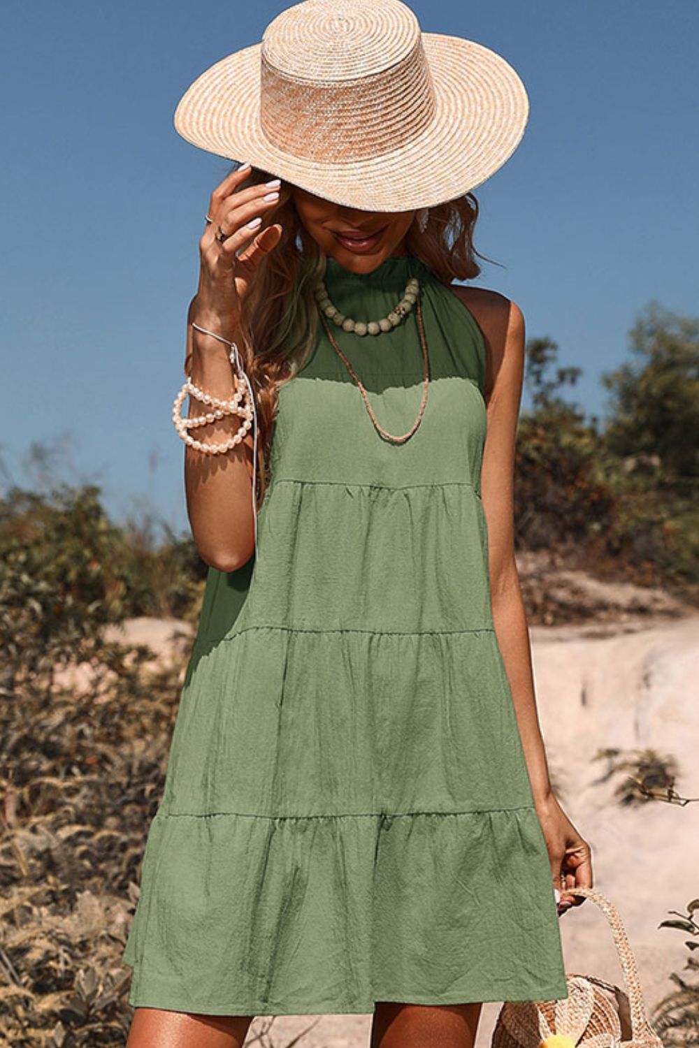 Tie Back Sleeveless Tiered Dress - Dress - Green - Bella Bourget