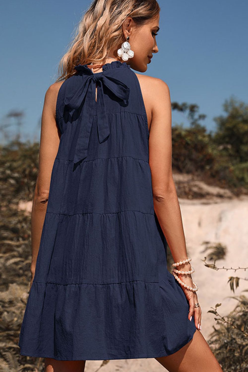 Tie Back Sleeveless Tiered Dress - Dress - Navy - Bella Bourget