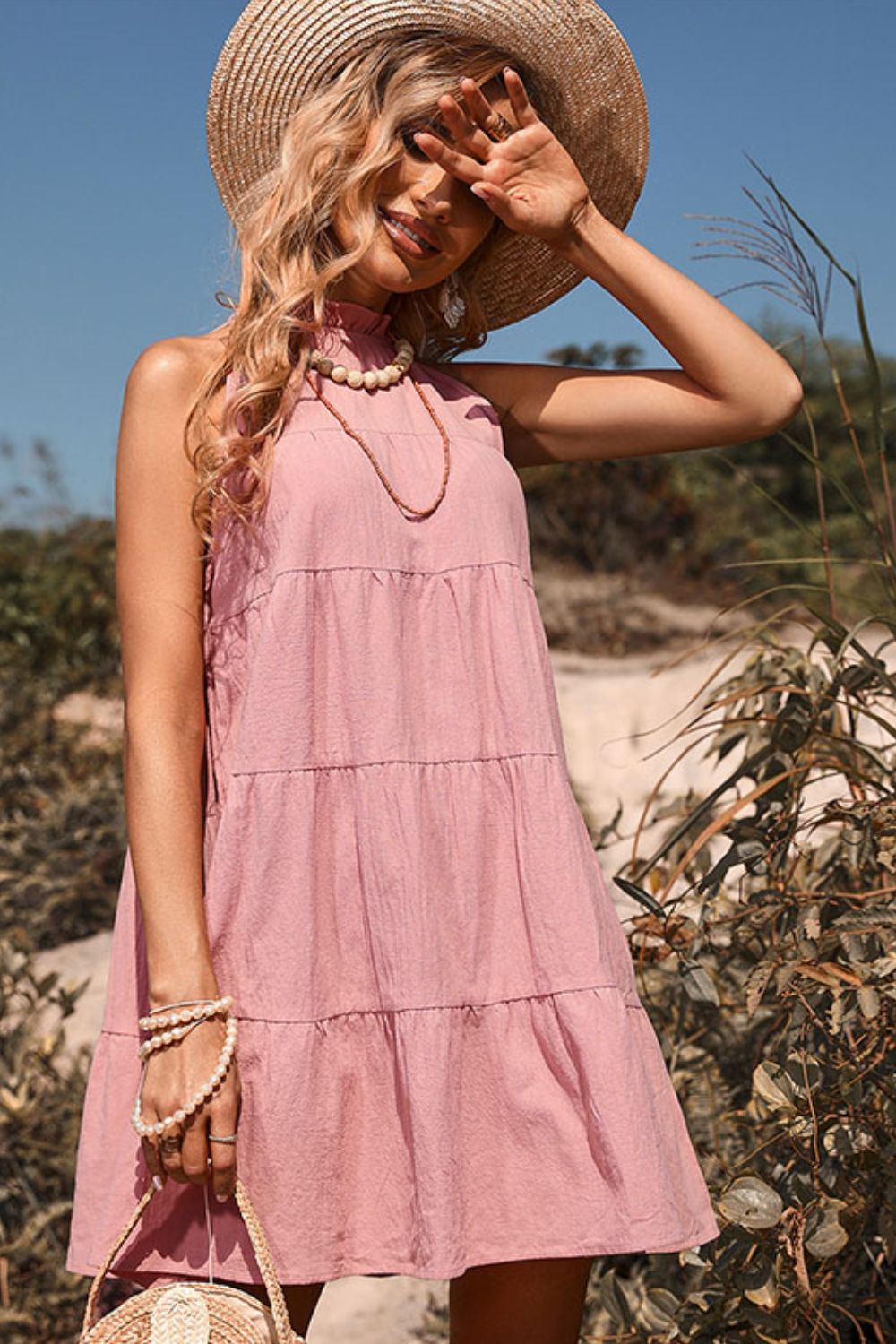 Tie Back Sleeveless Tiered Dress - Dress - Pink - Bella Bourget