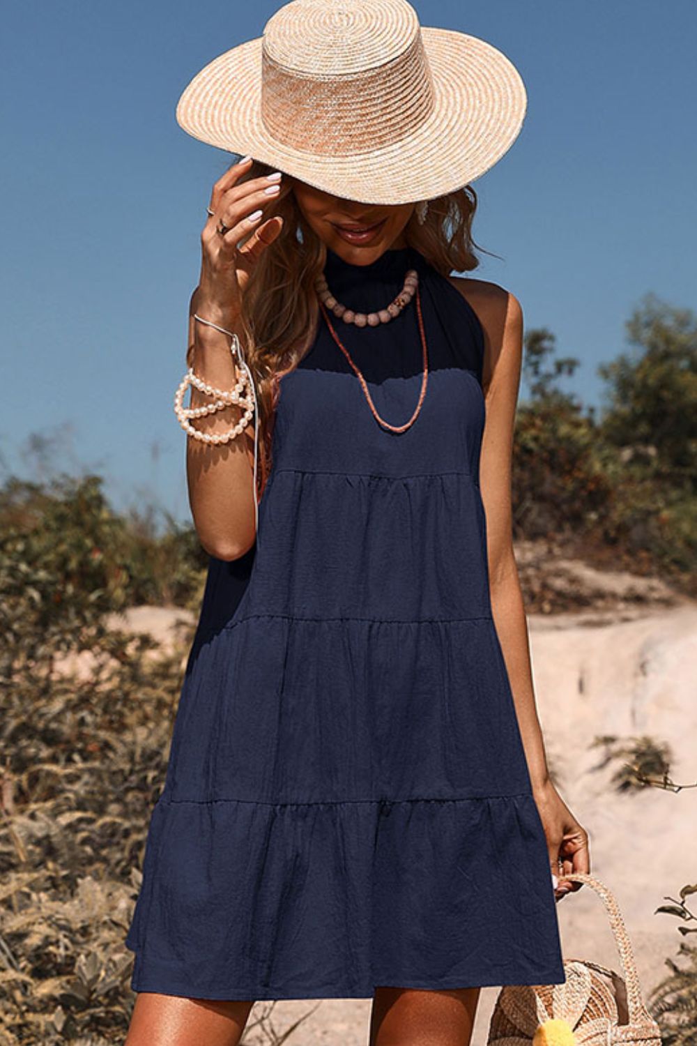 Tie Back Sleeveless Tiered Dress - Dress - Navy - Bella Bourget