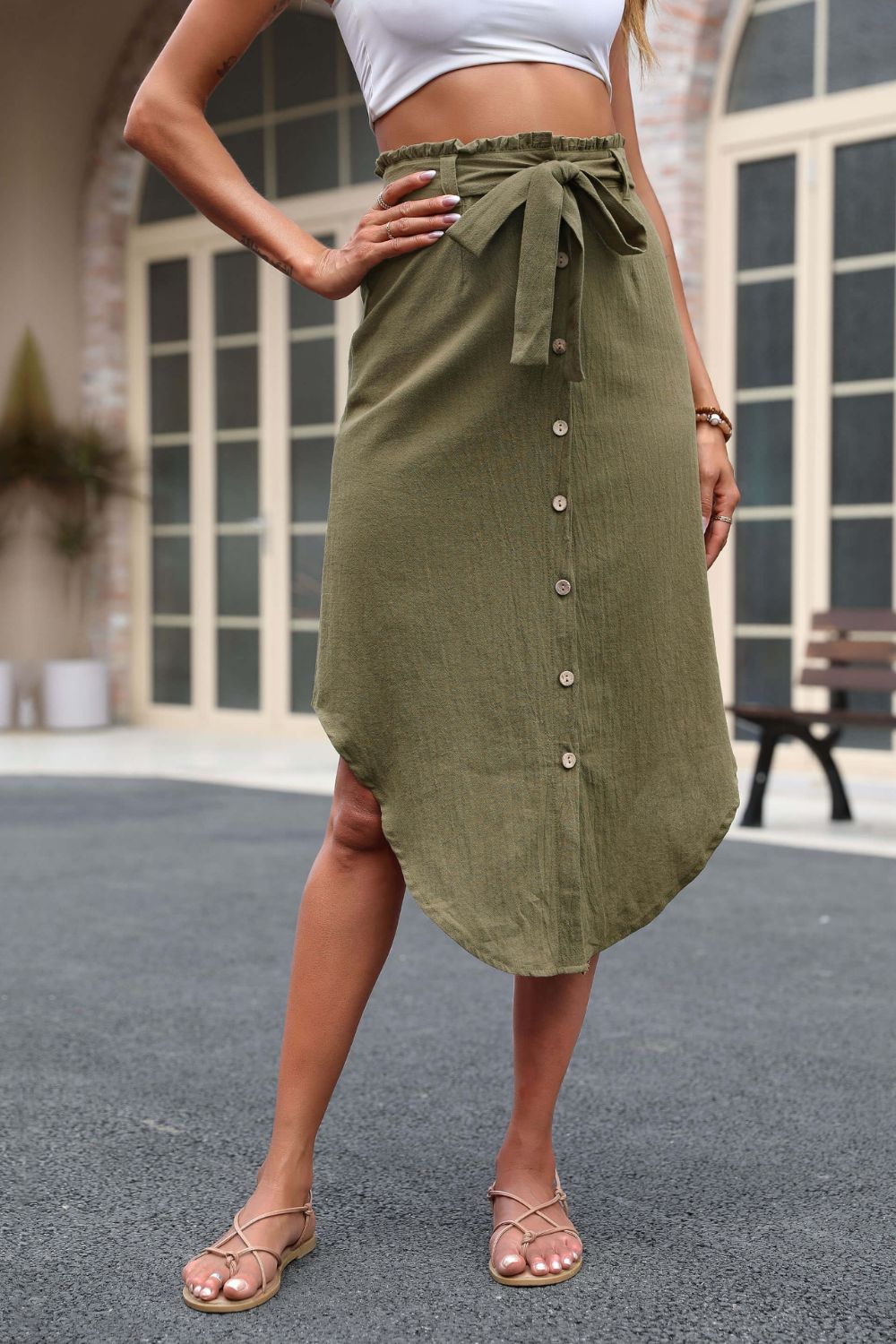 Tie Belt Frill Trim Buttoned Skirt - Full Size Skirt - Green - Bella Bourget