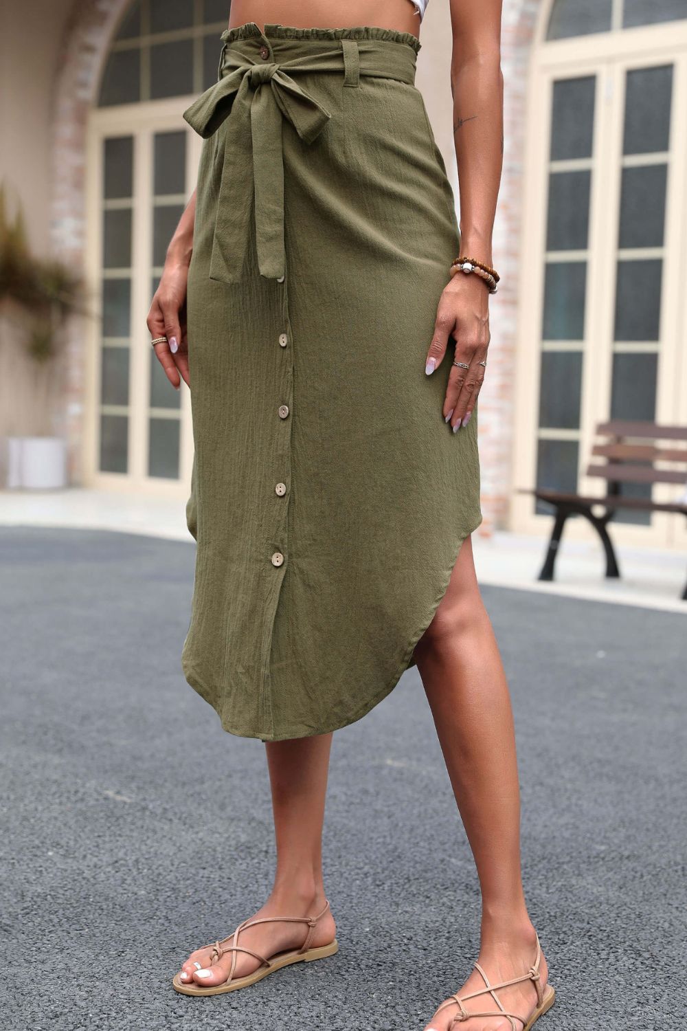 Tie Belt Frill Trim Buttoned Skirt - Full Size Skirt - Green - Bella Bourget