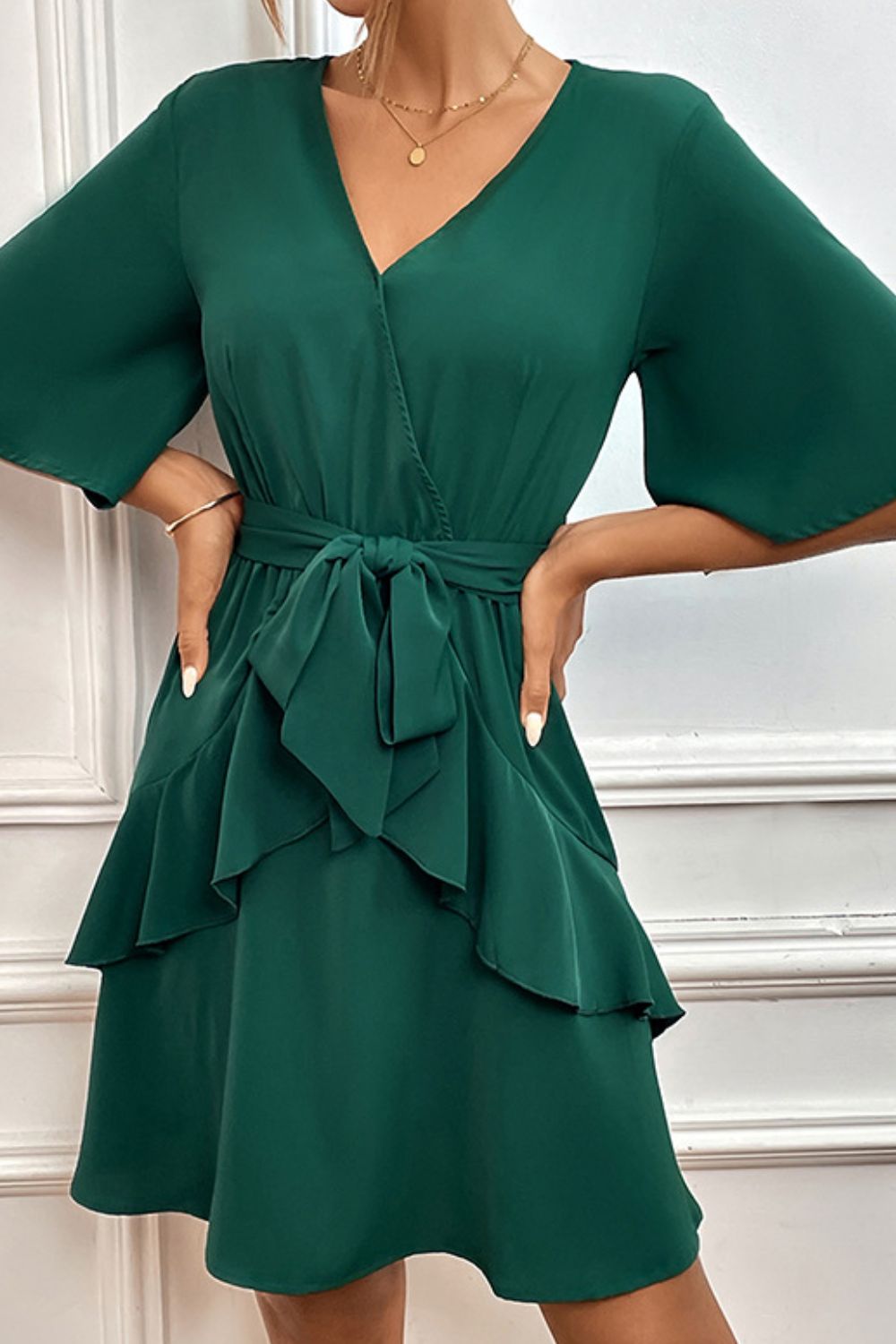 Tie Belt Surplice Neck Ruffled Dress - Dress - Green - Bella Bourget