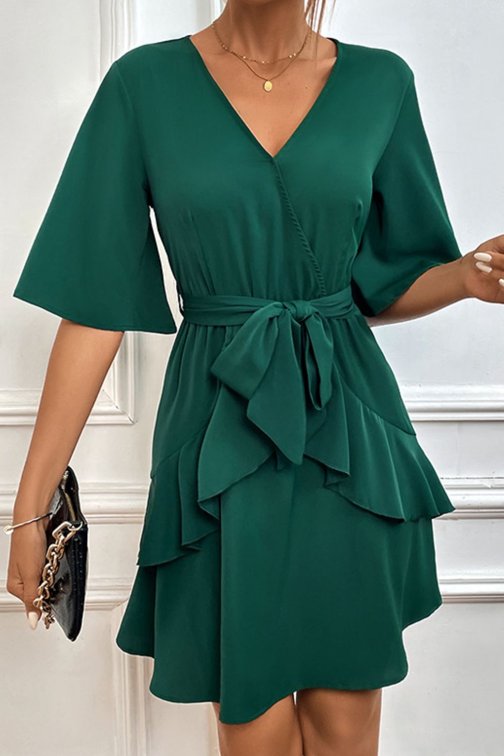 Tie Belt Surplice Neck Ruffled Dress - Dress - Green - Bella Bourget