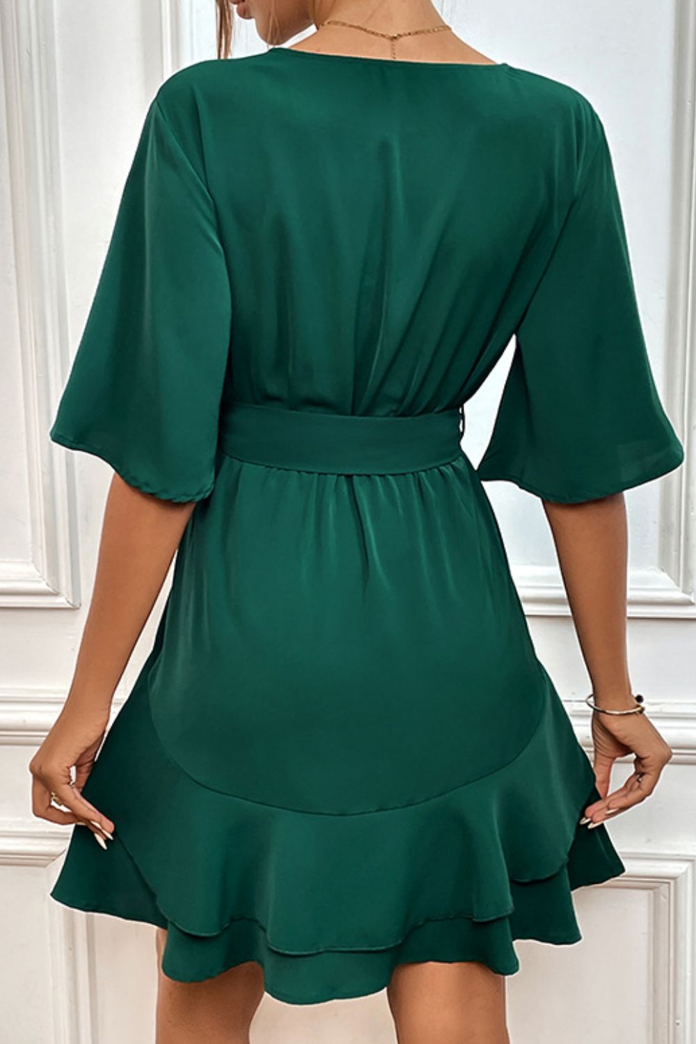 Tie Belt Surplice Neck Ruffled Dress - Dress - Green - Bella Bourget