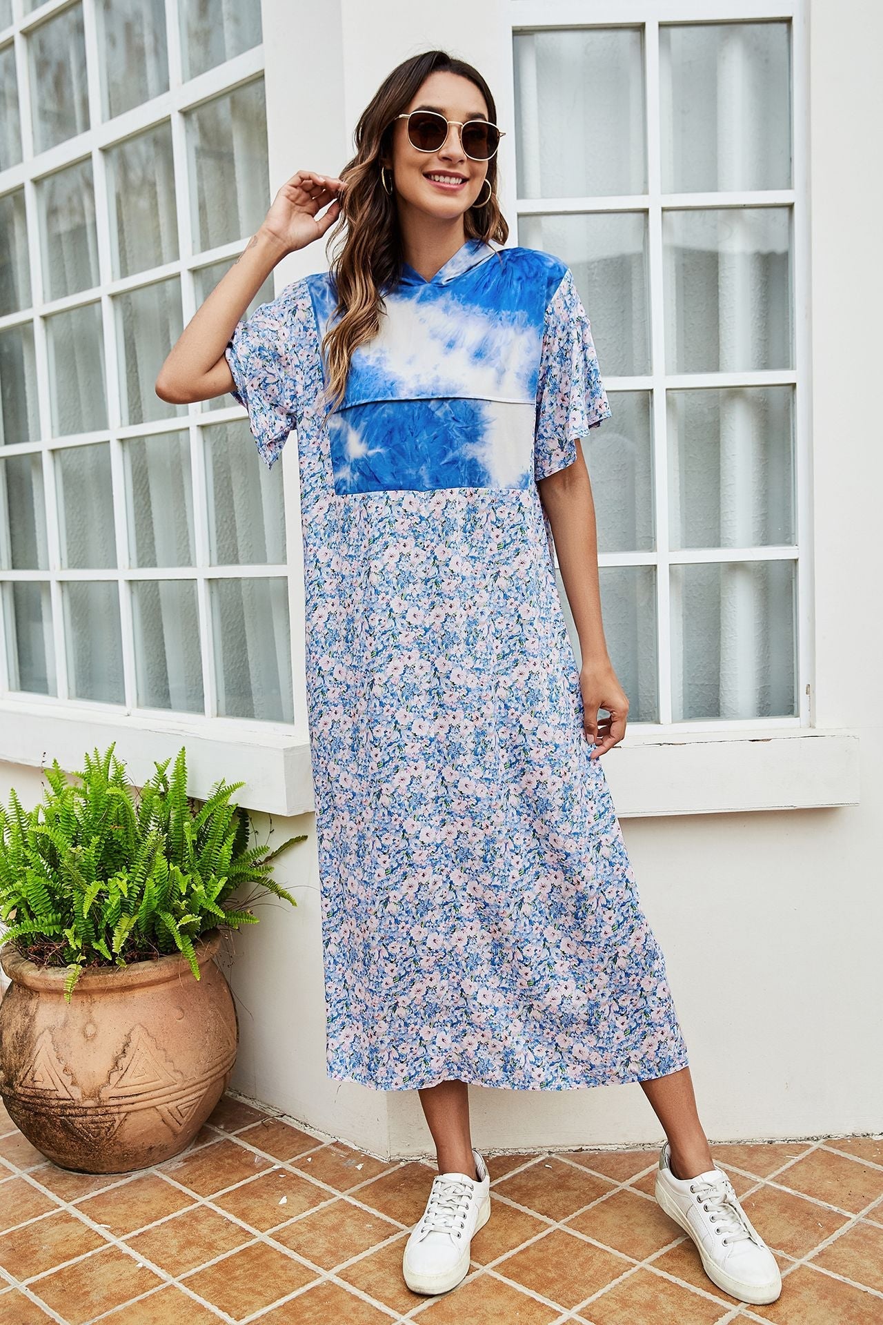 Tie - Dye Floral Flutter Sleeve Hooded Dress - Dress - Blue - Bella Bourget