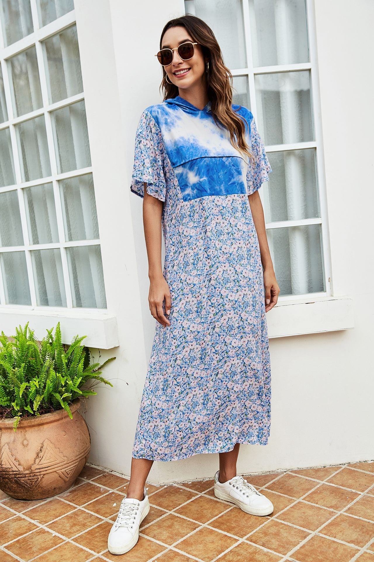 Tie - Dye Floral Flutter Sleeve Hooded Dress - Dress - Blue - Bella Bourget